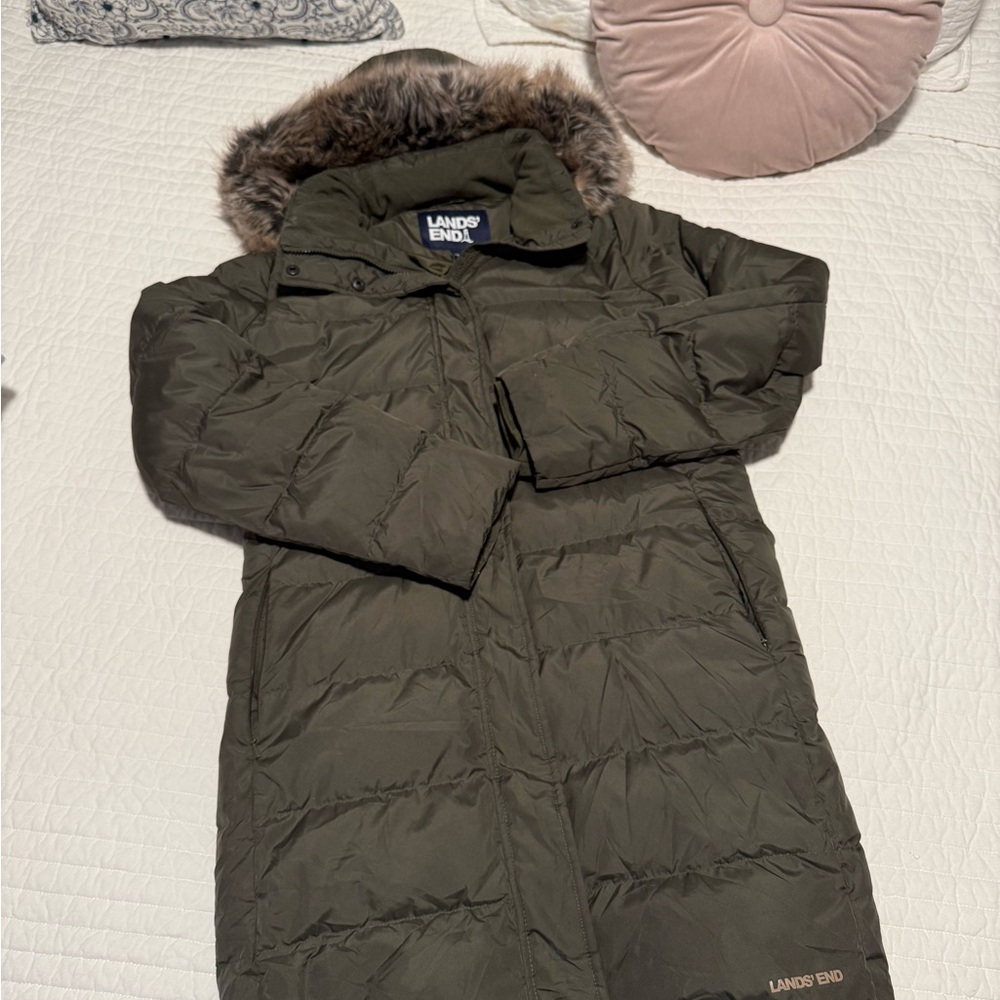 Lands' End Dark Green Puffer Jacket with Faux Fur Trim